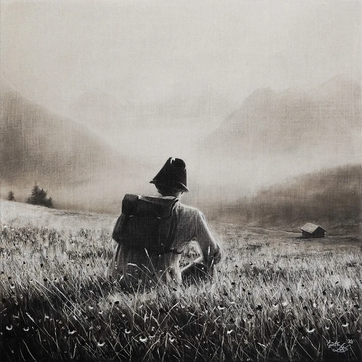 „Aussicht am Morgen" – Kohle auf Leinen, 60 x 60 cm, 2024