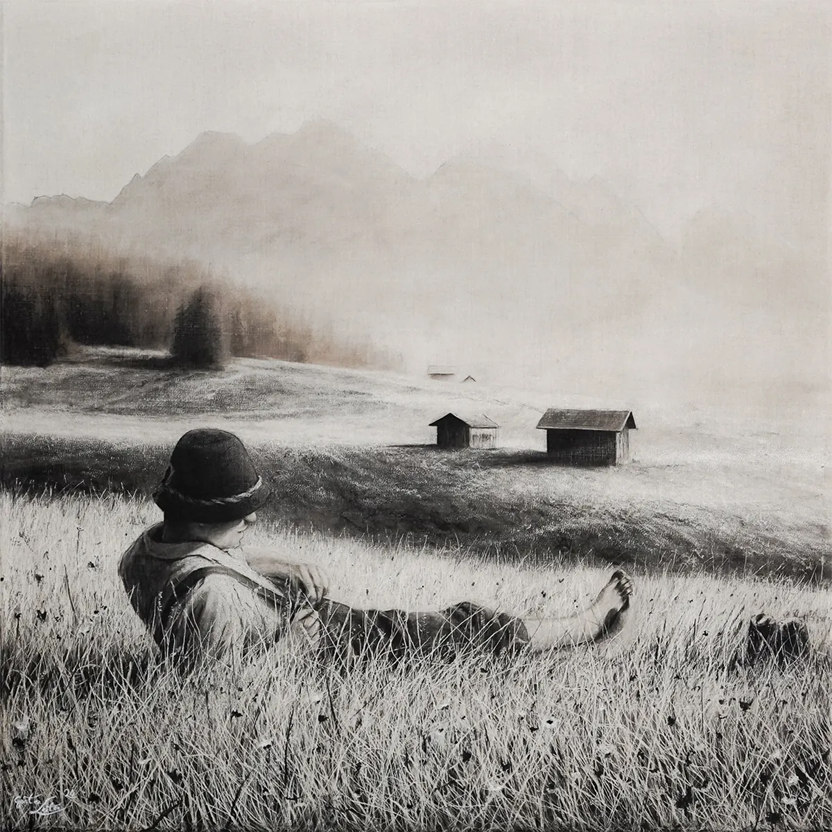„Auszeit im Gras" – Kohle auf Leinen, 80 x 80 cm, 2024