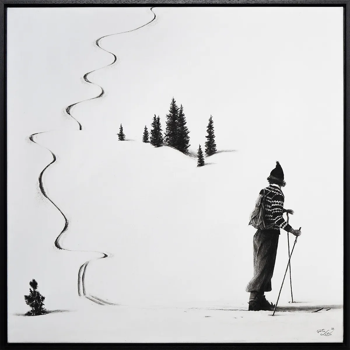 „Blick zurück II" – Kohle auf Leinen, 80 x 80 cm, 2024