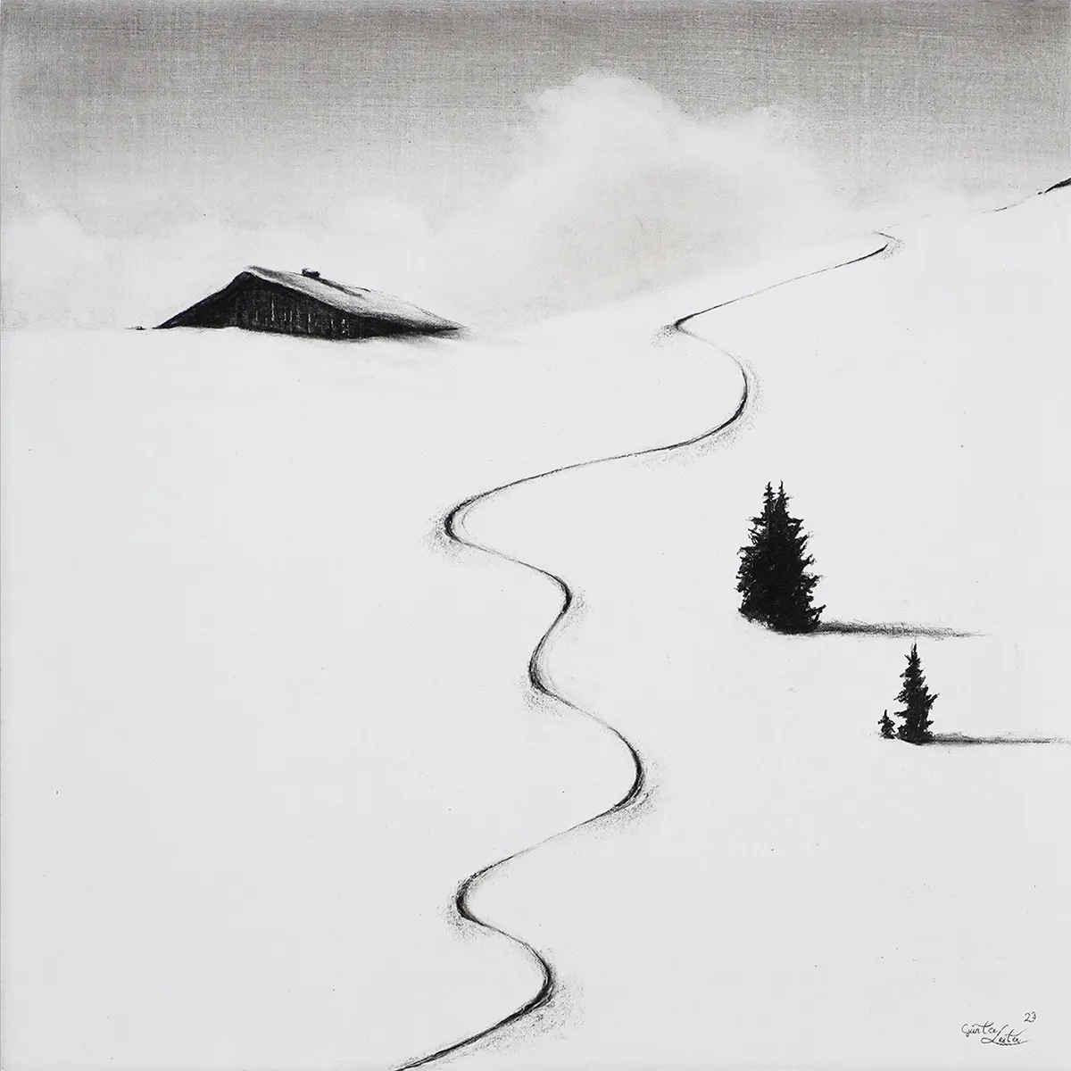 „Die Abfahrt" – Kohle auf Leinen, 60 x 60 cm, 2023