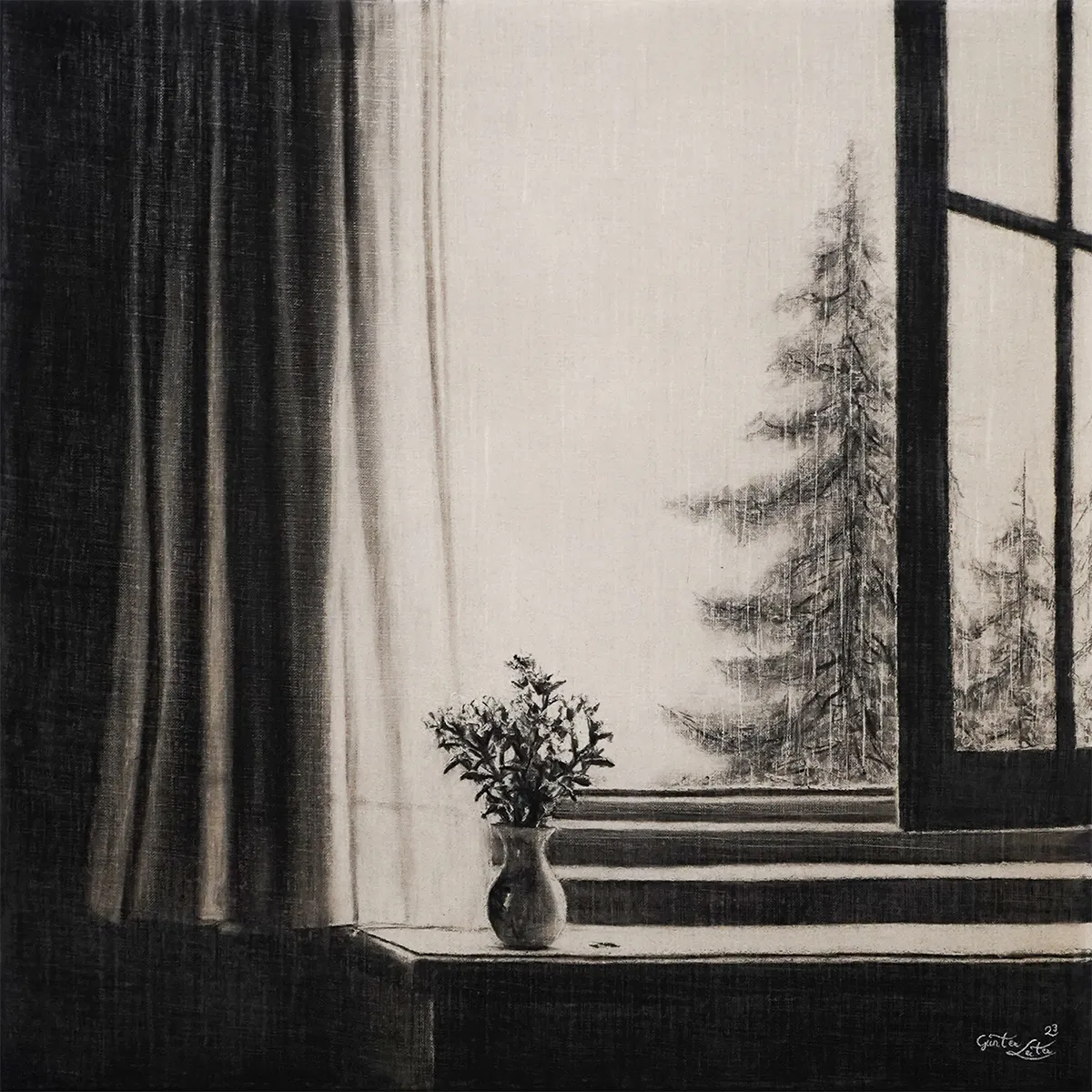 „Drinnen und draußen" – Kohle auf Leinen, 60 x 60 cm, 2023