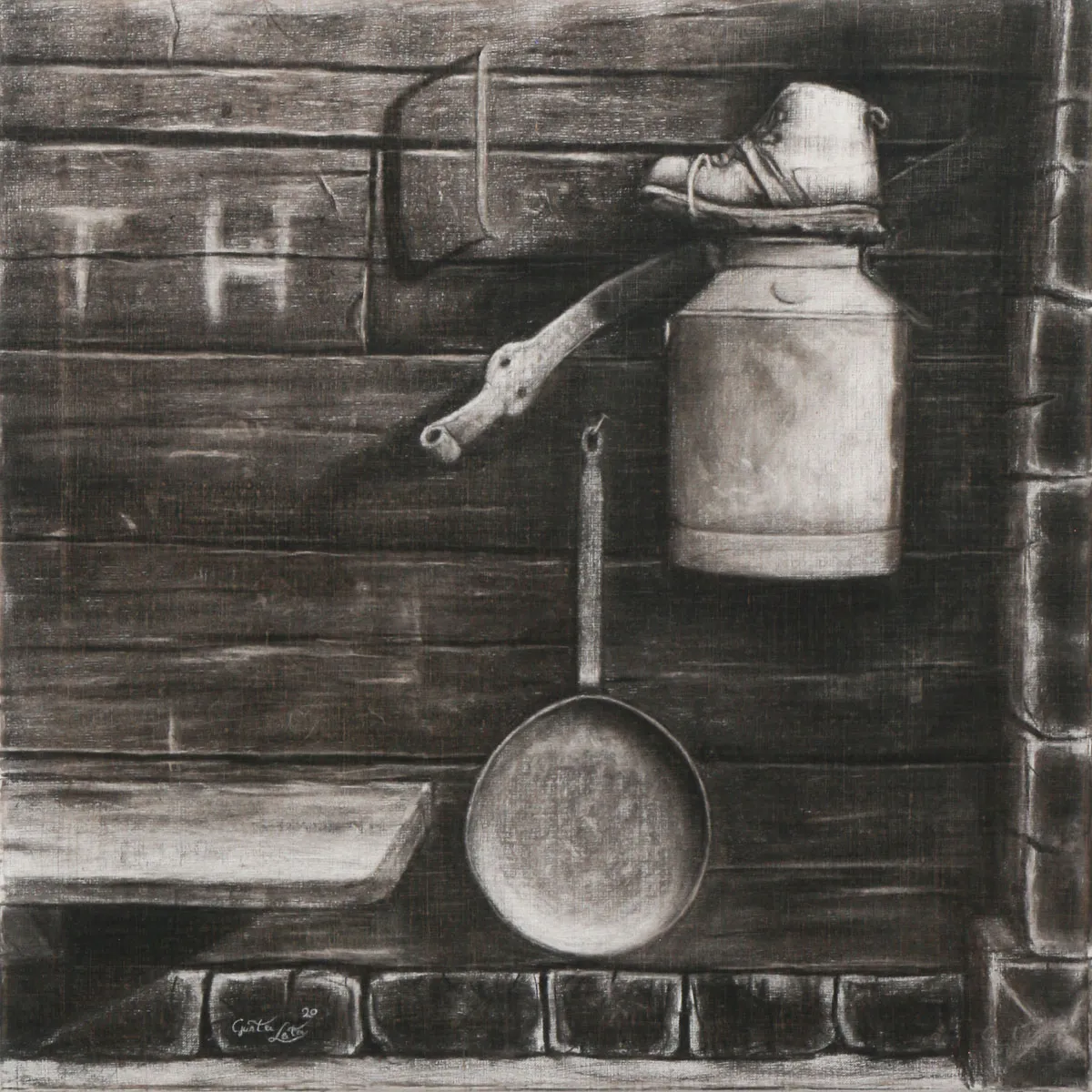 „Mittagsruhe" – Kohle auf Leinen, 60 x 60 cm, 2020