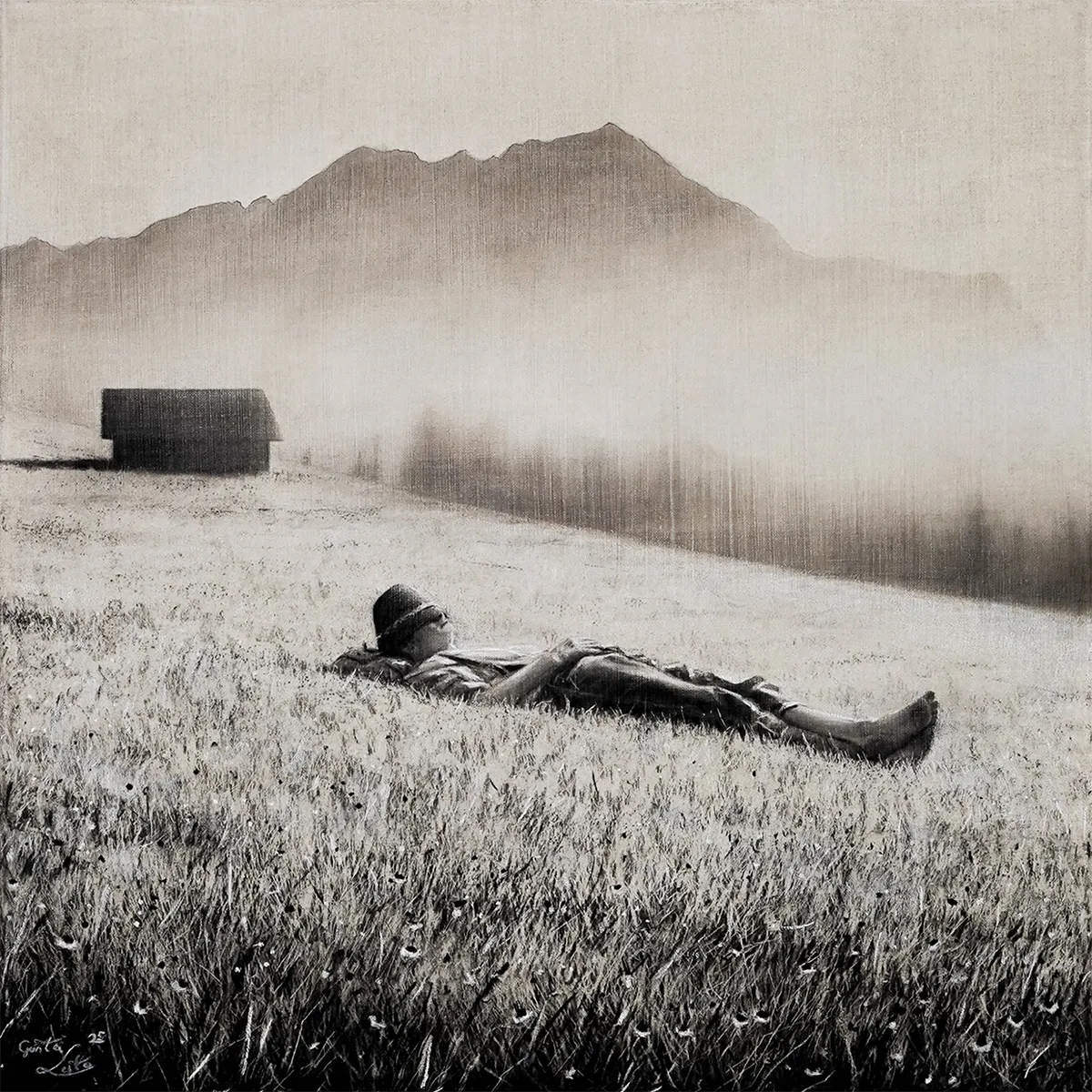 „Rastl im Feld" – Kohle auf Leinen, 60 x 60 cm, 2025