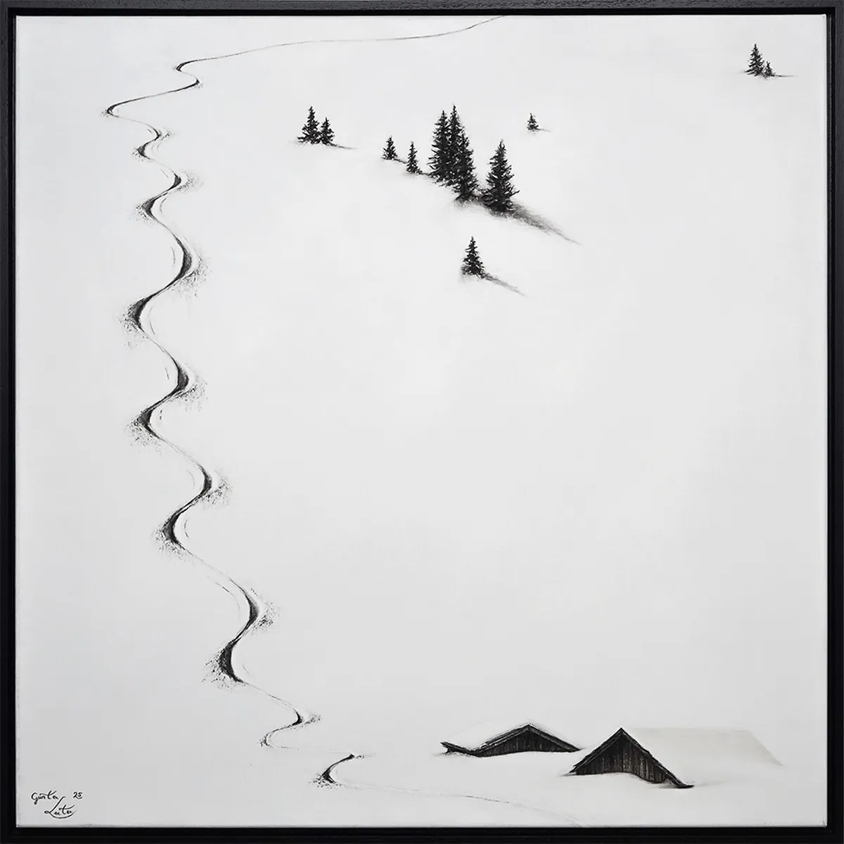 „Schnea bis zum Doch" – Kohle auf Leinen, 80 x 80 cm, 2025