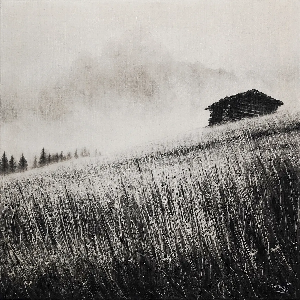 „Schräge Hütte" – Kohle auf Leinen, 60 x 60 cm, 2024