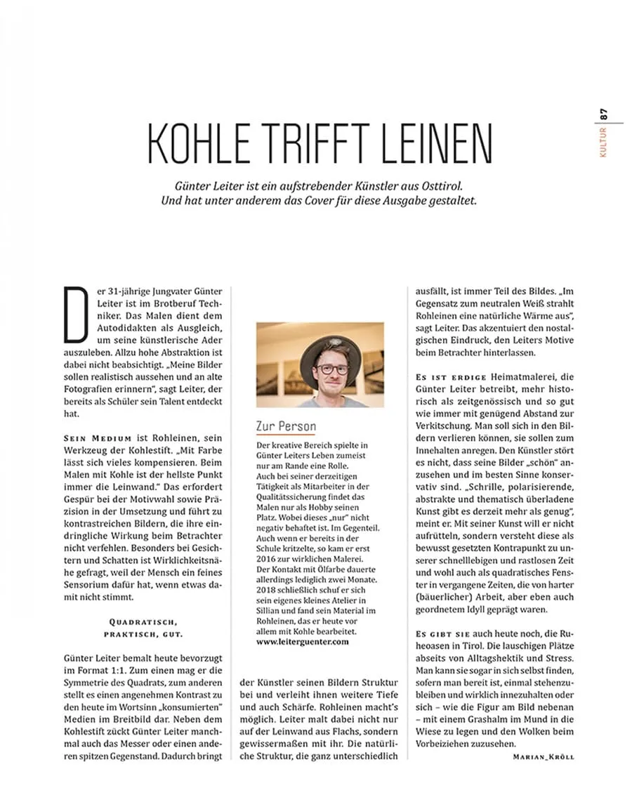 Artikel Kohle trifft Leinen im Tirol-Magazin, ab Seite 86