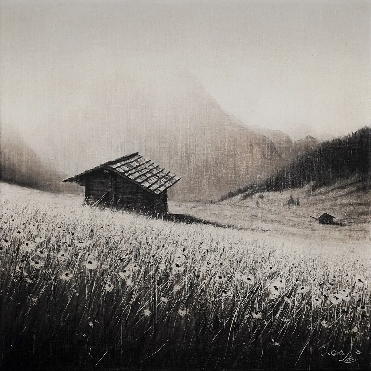 „Warmes Licht" – Kohle auf Leinen, 60 x 60 cm, 2024