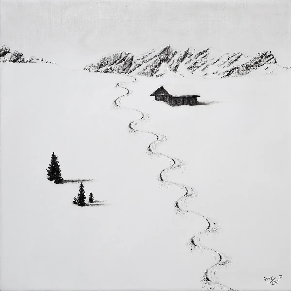 „Zwischen Baum und Hütte" – Kohle auf Leinen, 60 x 60 cm, 2025